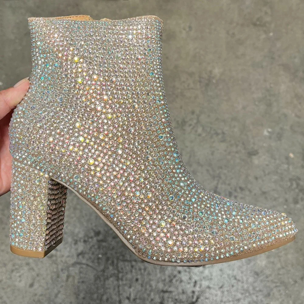 New Women Champagne Gold Rhinestone Glitter Pointy Ankle Boots Booties - Picture 6 of 9